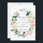 Spring Blush Floral Wreath Wedding Save the Date<br><div class="desc">Elegant Wedding Save the Date Card featuring a wreath of watercolor flowers in blush pink and white with green foliage.  For more advanced customisation of this design,  Please click the "Customise" button. Matching items are also available.</div>