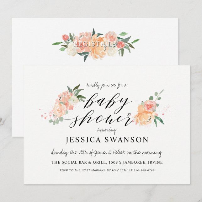 Spring Blush Peach Watercolor Floral Baby Shower Invitation (Front/Back)