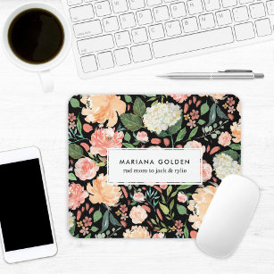 Spring Blush Peach Watercolor Floral Black Mouse Pad