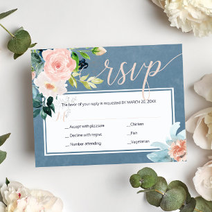 Spring blush pink and dusty blue peonies wedding RSVP card