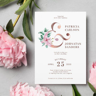 Spring blush pink rose gold floral wedding invitation