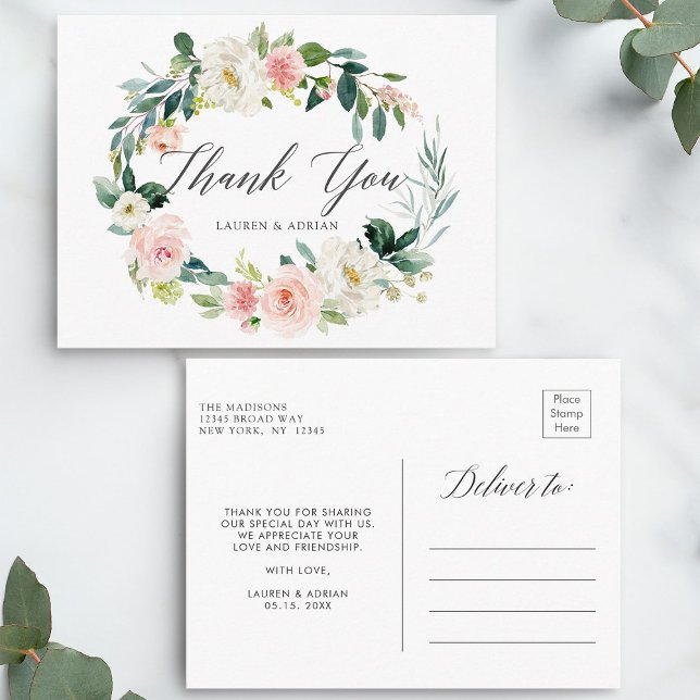 Spring Blush Wreath Wedding Thank You Postcard (Front & Back)