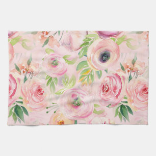 Spring Boho Hand drawn florals for Nursery pink Tea Towel