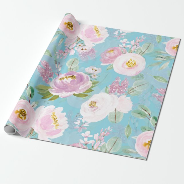 Spring Boho Hand drawn florals on teal Wrapping Paper (Unrolled)