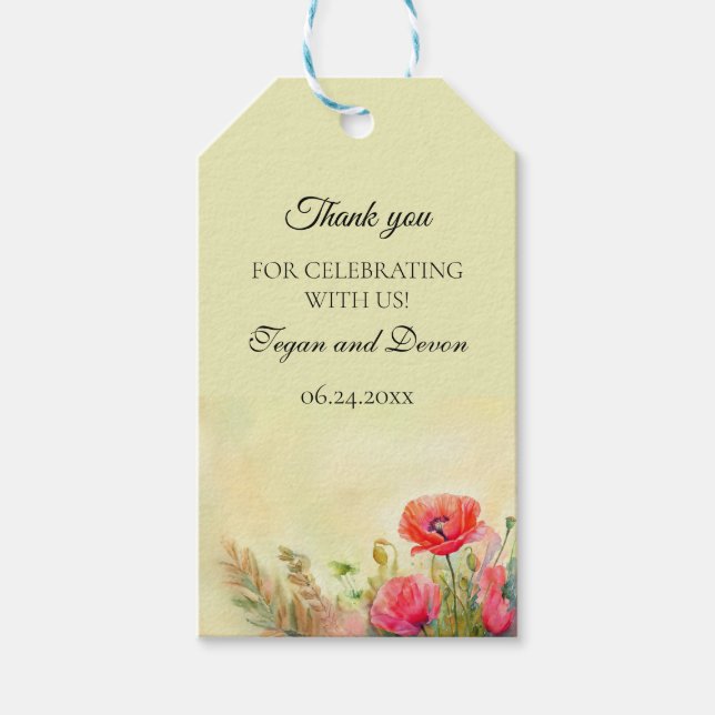 Spring Boho Watercolor Poppies Wedding  Gift Tags (Front)