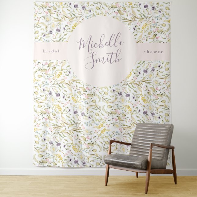 Spring Boho Wildflower Pampas Bridal Shower Banner Tapestry (In Situ)