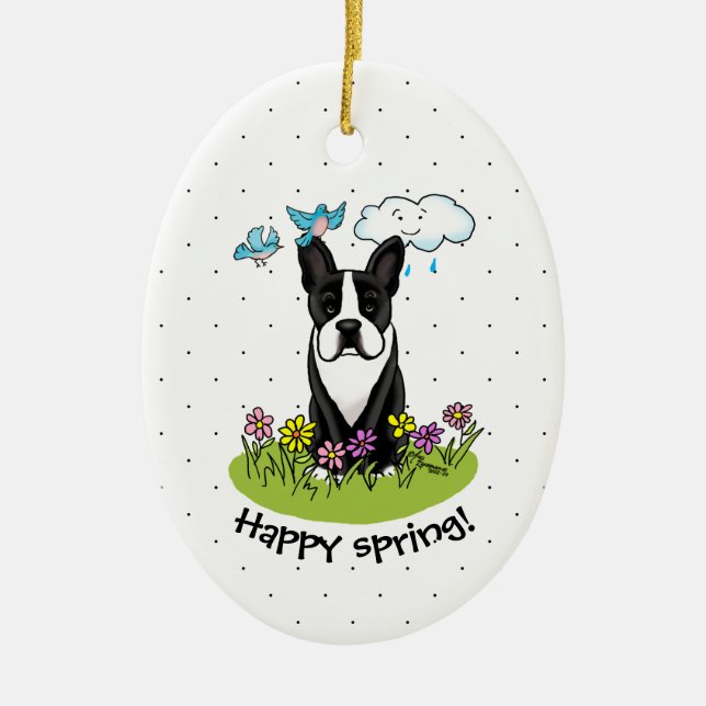 Spring Boston Terrier (black) Cute dog Ceramic Ornament (Front)