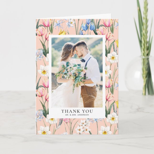Spring Botanical Flowers Pattern Photo Wedding Thank You Card (Front)