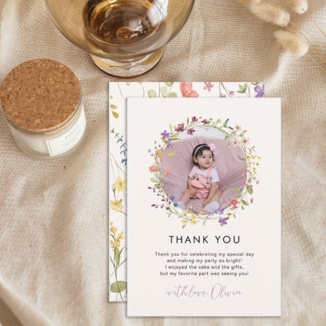 Spring Botanical Wildflower 1st Birthday Party Thank You Card (Creator Uploaded)