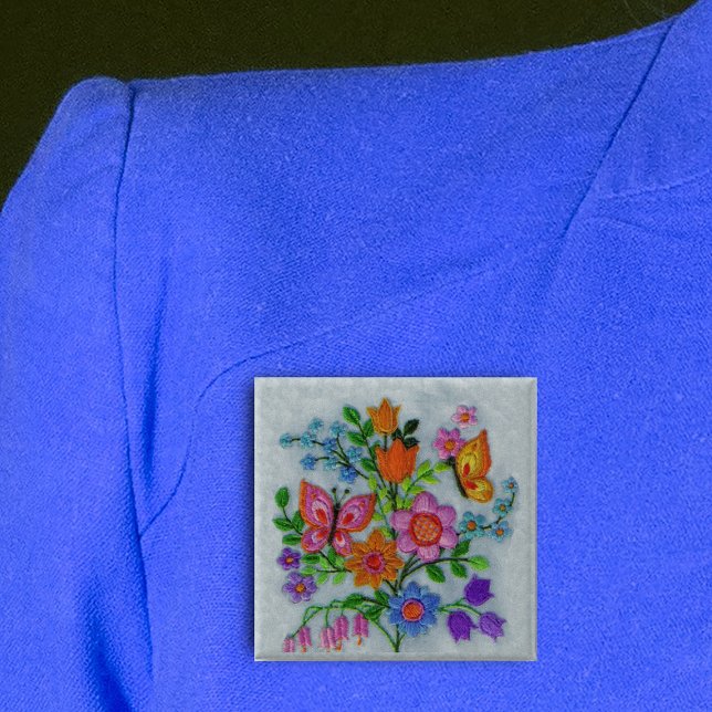 Spring Bouquet Flowers Butterflies 15 Cm Square Badge (Bouquet pretty flowers with butterflies embroidery look on light grey square pin back button.)