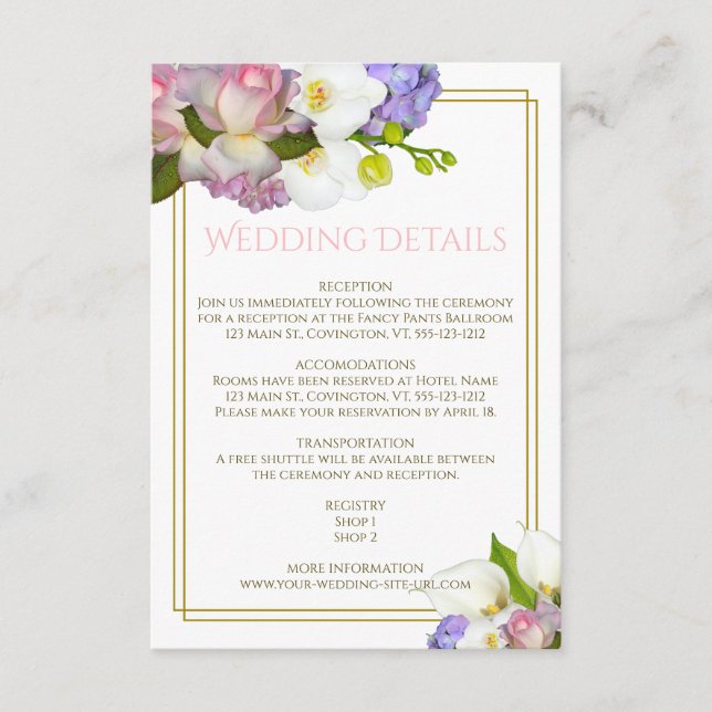 Spring Bouquet Flowers Gold and Pink Wedding Enclosure Card (Front)
