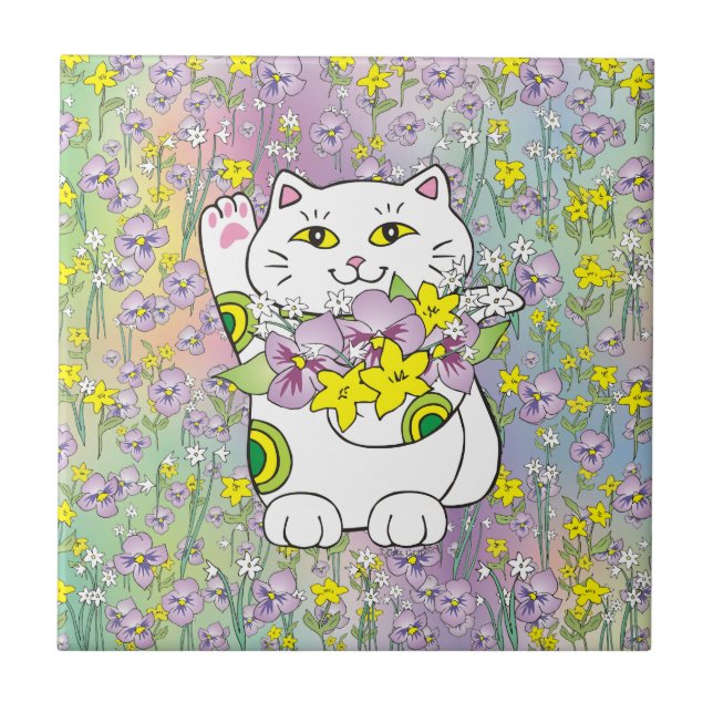 Spring Bouquet Maneki Neko (Lucky Cat) Ceramic Tile (Front)