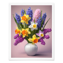 Spring Bouquet of Daffodils Hyacinths White Vase