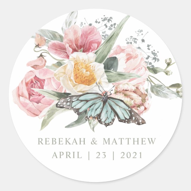 Spring Bouquet | Tulip and Butterfly Watercolor Classic Round Sticker (Front)