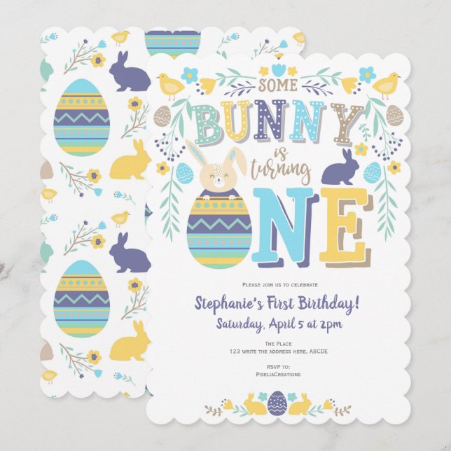 Spring, boy 1st birthday, Easter, Bunny Invitation (Front/Back)
