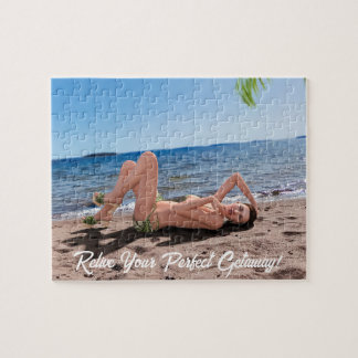 Spring Break Girl Lying on Sandy Beach Jigsaw Puzzle