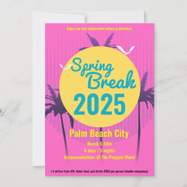 Spring Break Palm Tree Invitation Pink (Front)