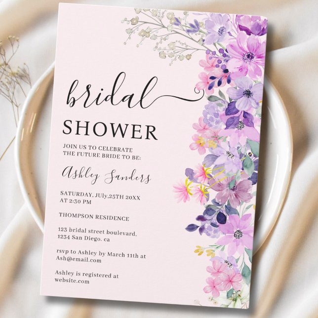 Spring Bridal shower with wildflowers Purple Color Invitation (Creator Uploaded)