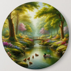 Spring brook with ducks/flowers 6 cm round badge
