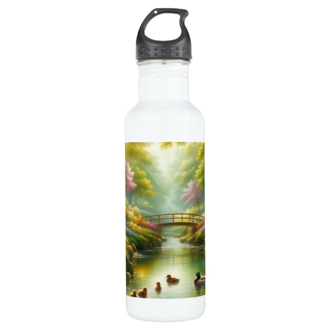 Spring brook with ducks/flowers 710 ml water bottle (Front)