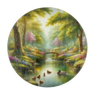 Spring brook with ducks/flowers cutting board
