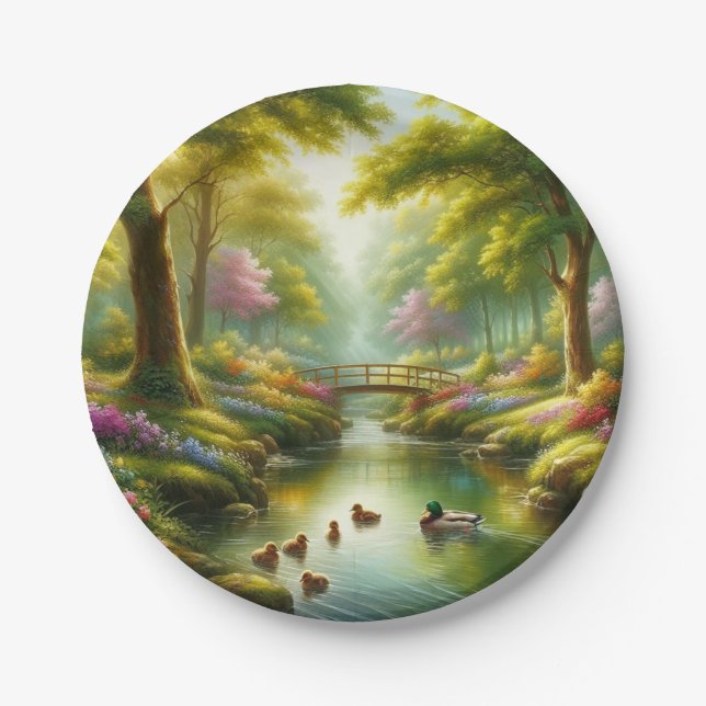 Spring brook with ducks/flowers paper plate (Front)