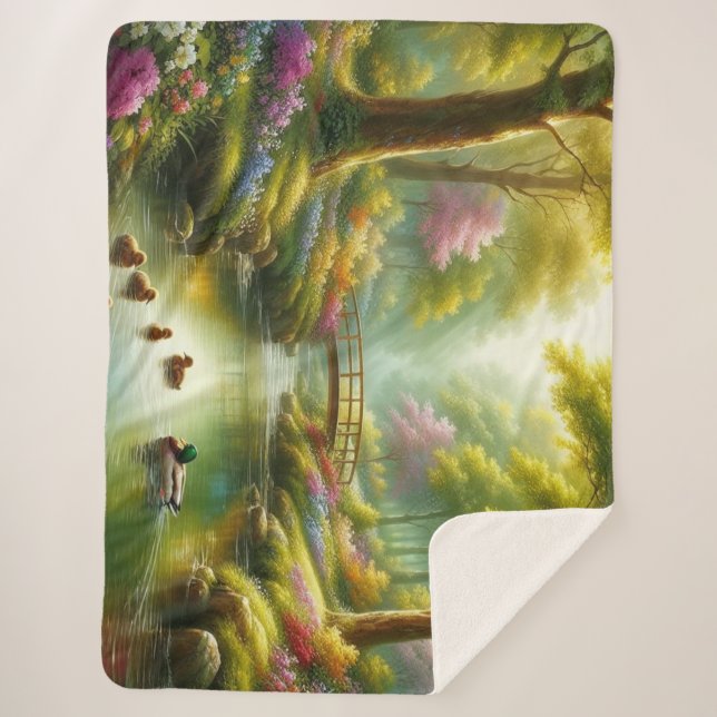 Spring brook with ducks/flowers sherpa blanket (Front)