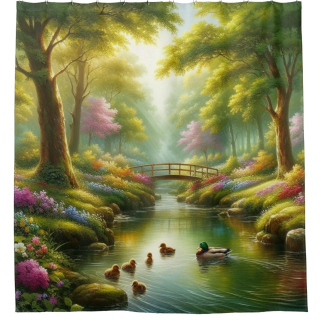Spring brook with ducks/flowers shower curtain (Front)