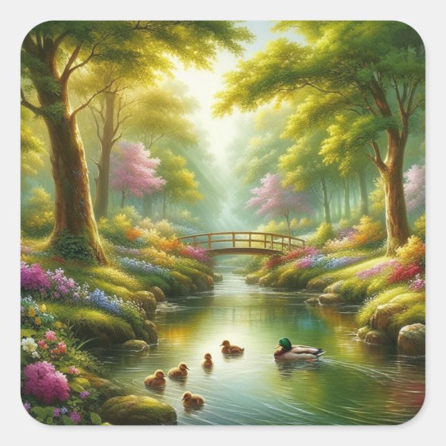 Spring brook with ducks/flowers square sticker (Front)