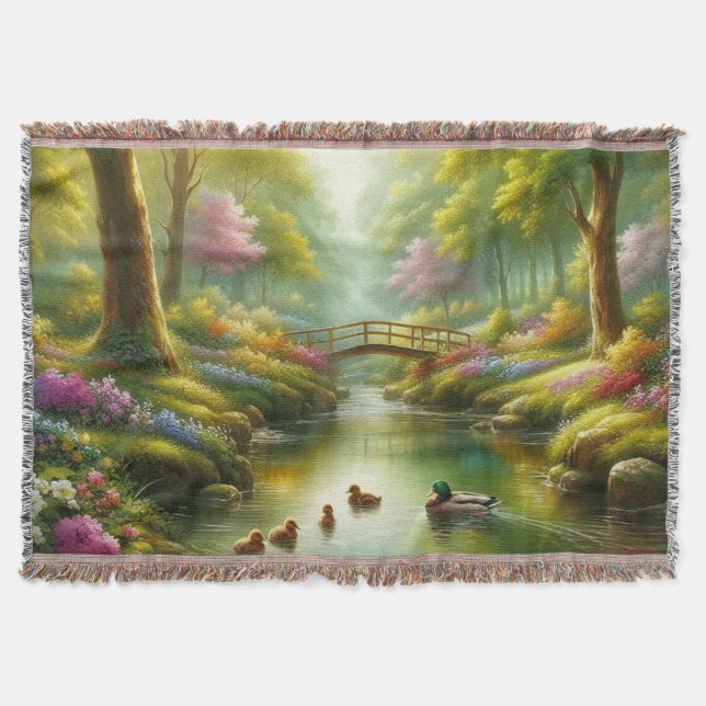 Spring brook with ducks/flowers throw blanket (Front)