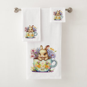 Spring Bunnies, Flowers and Tea Cups Bath Towel Set