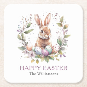 Spring Bunny Easter Egg Wreath Personalised Square Paper Coaster