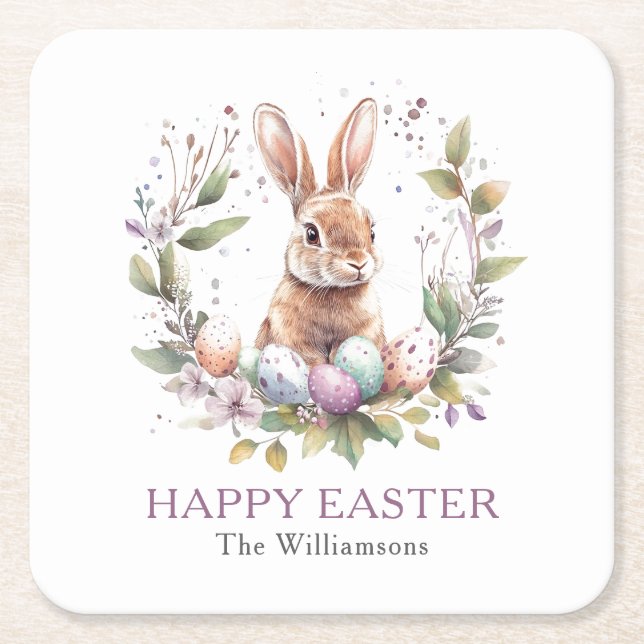 Spring Bunny Easter Egg Wreath Personalised Square Paper Coaster (Front)