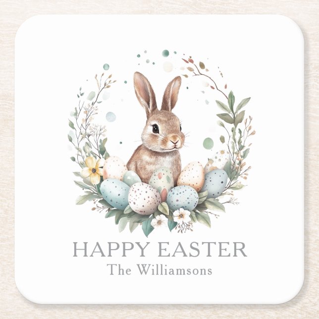 Spring Bunny Easter Eggs Garland Personalised Square Paper Coaster (Front)