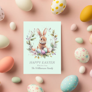 Spring Bunny Easter Eggs Wreath Personalised Holiday Card