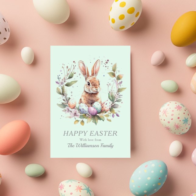 Spring Bunny Easter Eggs Wreath Personalised Holiday Card (Personalize with your message and family name, or add other text)