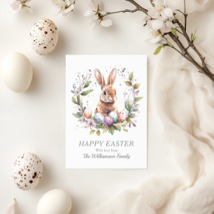 Spring Bunny Easter Eggs Wreath Personalised Holiday Card