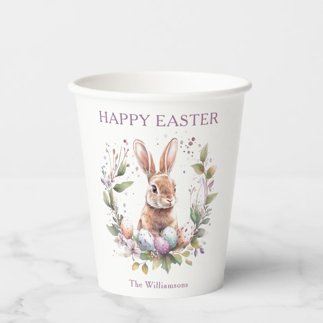 Spring Bunny Easter Eggs Wreath Personalised Paper Cups (Front)