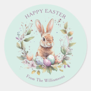 Spring Bunny Easter Eggs Wreath Personalized Classic Round Sticker