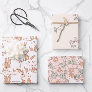 Spring Bunny Floral Easter Theme Wrapping Paper Sheet