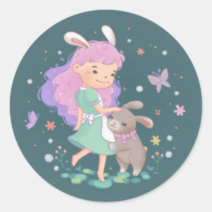Spring Bunny Girl Illustration Classic Round Sticker