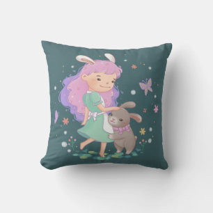 Spring Bunny Girl Illustration Cushion