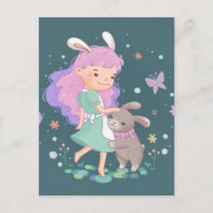 Spring Bunny Girl Illustration Postcard