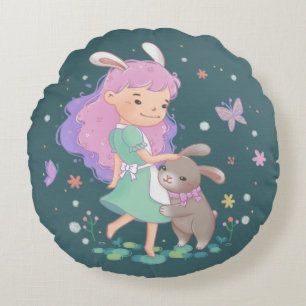 Spring Bunny Girl Illustration Round Cushion