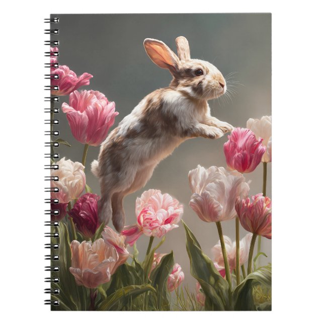 Spring Bunny Leaping Pink Tulip Art Notebook (Front)