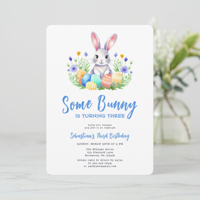 Spring Bunny Rabbit Easter Third Birthday Invitation (Standing Front)