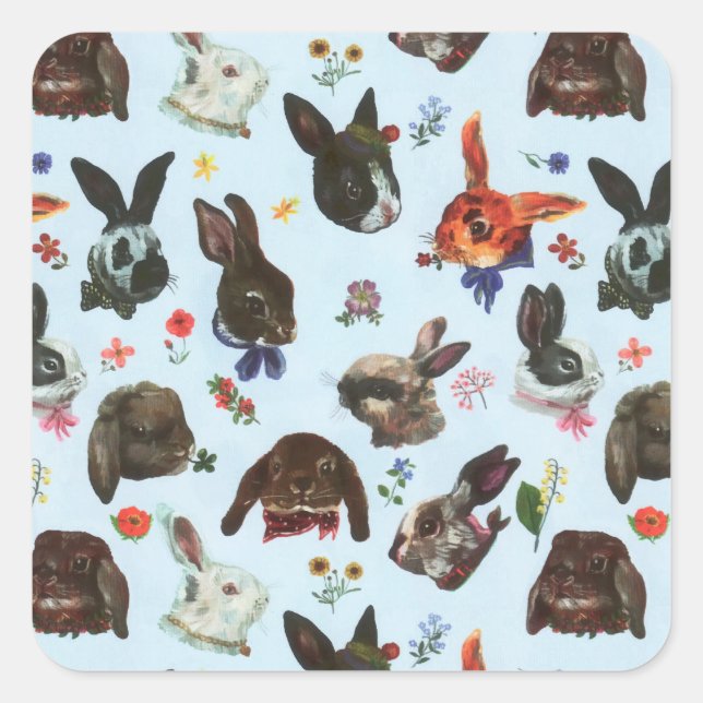 Spring Bunny Rabbits Forest Floral Square Sticker (Front)