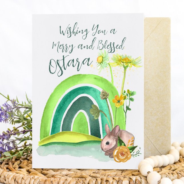 Spring Bunny Rainbow Ostara Floral Pagan Holiday Card (Creator Uploaded)