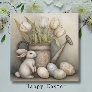 Spring Bunny with Tulips & Vintage Watering Can