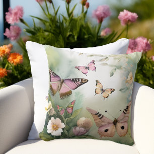 Spring Butterflies and Flowers Watercolor Cushion